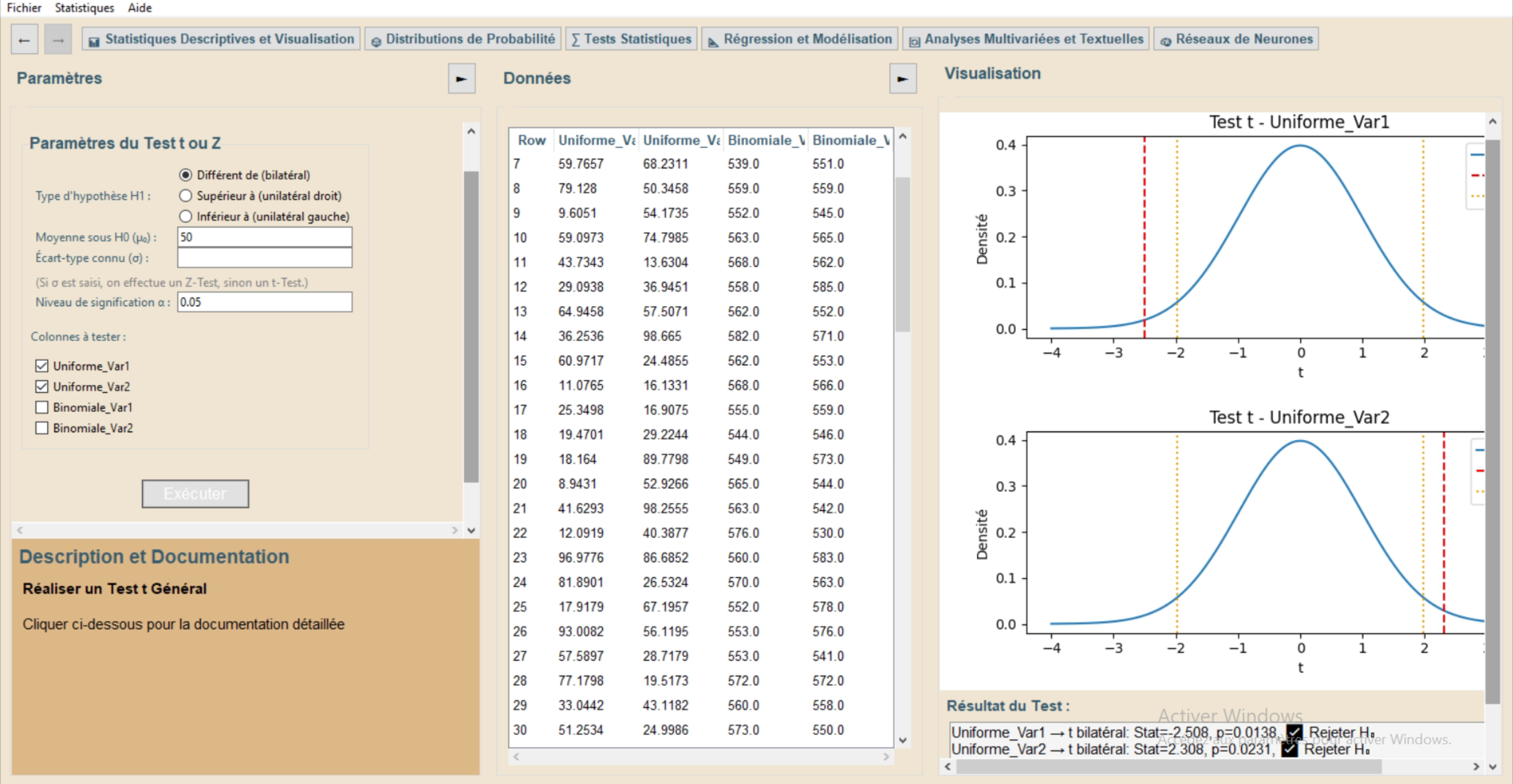 Statistical Test Screenshot